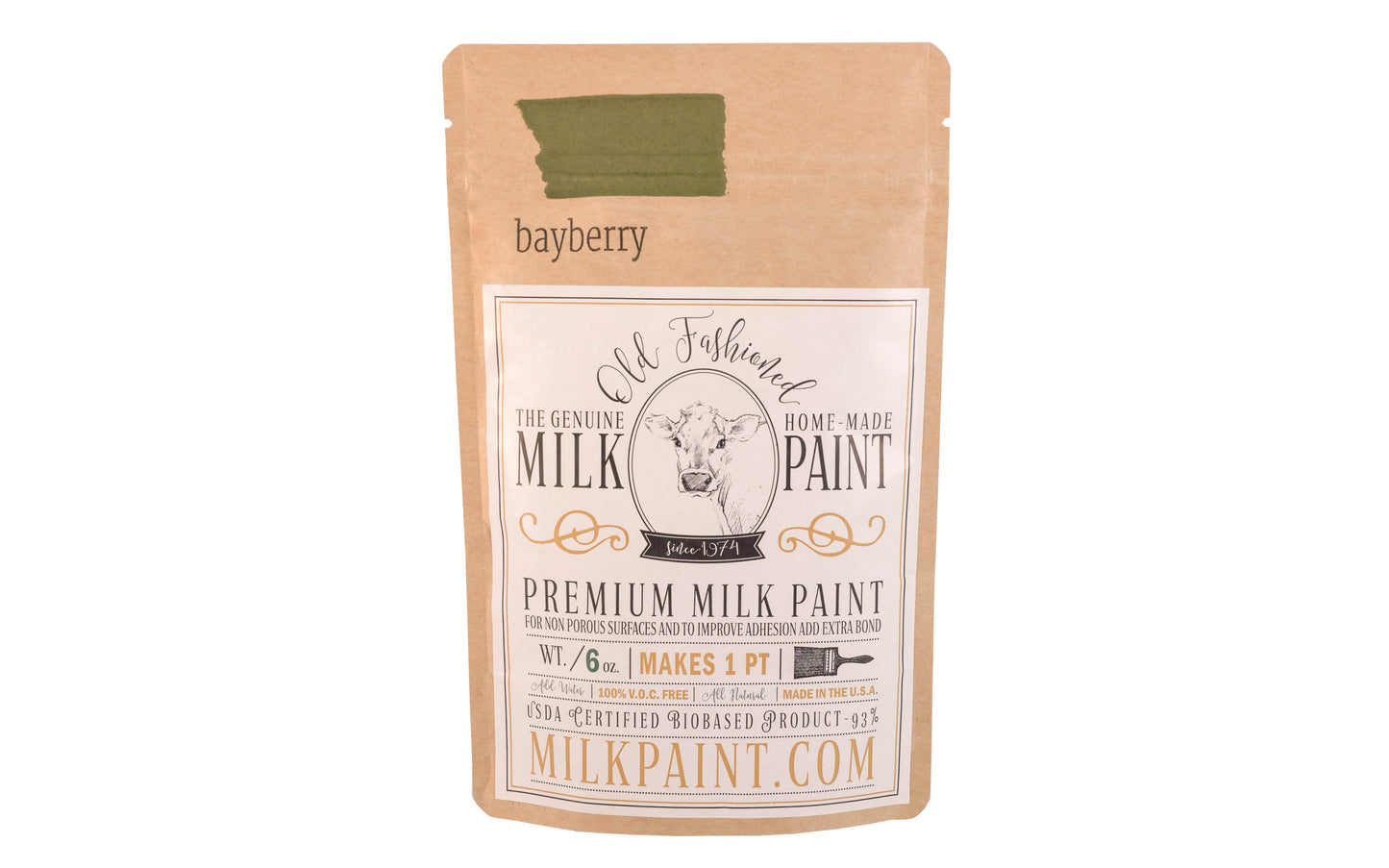 This Milk Paint color is "Bayberry" - Olive green with yellow undertones. Comes in a powder form, you can control how thick/thin you mix the paint. Use it as you would regular paint, thinner for a wash/stain or thicker to create texture. Environmentally safe, non-toxic & is food safe. 100% VOC free. Powder Paint. Made in USA
