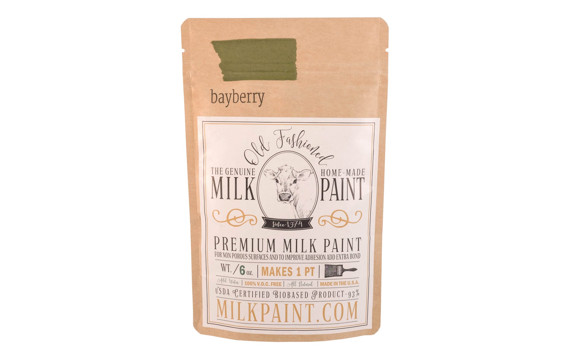This Milk Paint color is "Bayberry" - Olive green with yellow undertones. Comes in a powder form, you can control how thick/thin you mix the paint. Use it as you would regular paint, thinner for a wash/stain or thicker to create texture. Environmentally safe, non-toxic & is food safe. 100% VOC free. Powder Paint. Made in USA