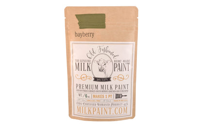 This Milk Paint color is "Bayberry" - Olive green with yellow undertones. Comes in a powder form, you can control how thick/thin you mix the paint. Use it as you would regular paint, thinner for a wash/stain or thicker to create texture. Environmentally safe, non-toxic & is food safe. 100% VOC free. Powder Paint. Made in USA
