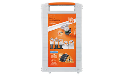 Fein Tools "Best of Renovation" 26-piece accessory set for all your renovation work. Suitable for all Fein MultiTools & all other commercially available multi-tools with the Starlock mount. Includes a practical plastic storage box. 26 pieces in kit. Made in Germany. Model No. 35222967060. 4014586440507
