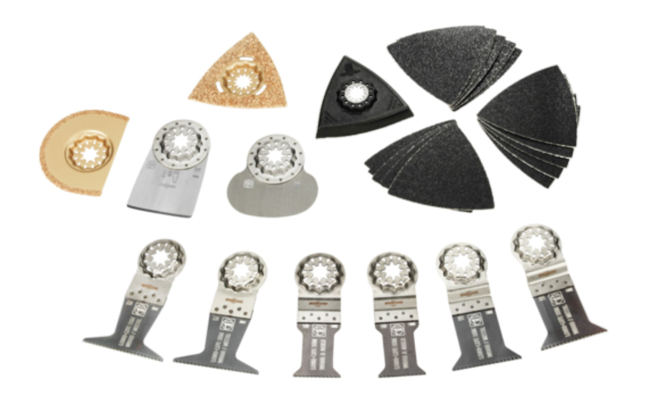 Fein Tools "Best of Renovation" 26-piece accessory set for all your renovation work. Suitable for all Fein MultiTools & all other commercially available multi-tools with the Starlock mount. Includes a practical plastic storage box. 26 pieces in kit. Made in Germany. Model No. 35222967060. 4014586440507
