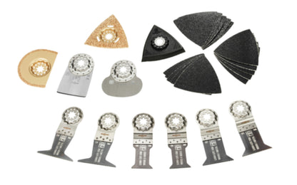 Fein Tools "Best of Renovation" 26-piece accessory set for all your renovation work. Suitable for all Fein MultiTools & all other commercially available multi-tools with the Starlock mount. Includes a practical plastic storage box. 26 pieces in kit. Made in Germany. Model No. 35222967060. 4014586440507