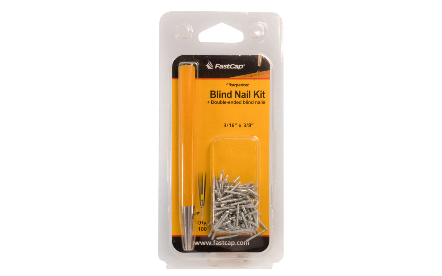 FastCap Blind Nail Kit, 3/16" x 3/8" Nails. The FastCap Blind Nail allows you to have an invisible mechanical connector. Simply insert the dual head nail into the set tool to set the nail, then tap the molding or wood into place on the other side. Kit includes the Blind Nail Tool & Blind Nails. Model BLIND NAIL KIT.