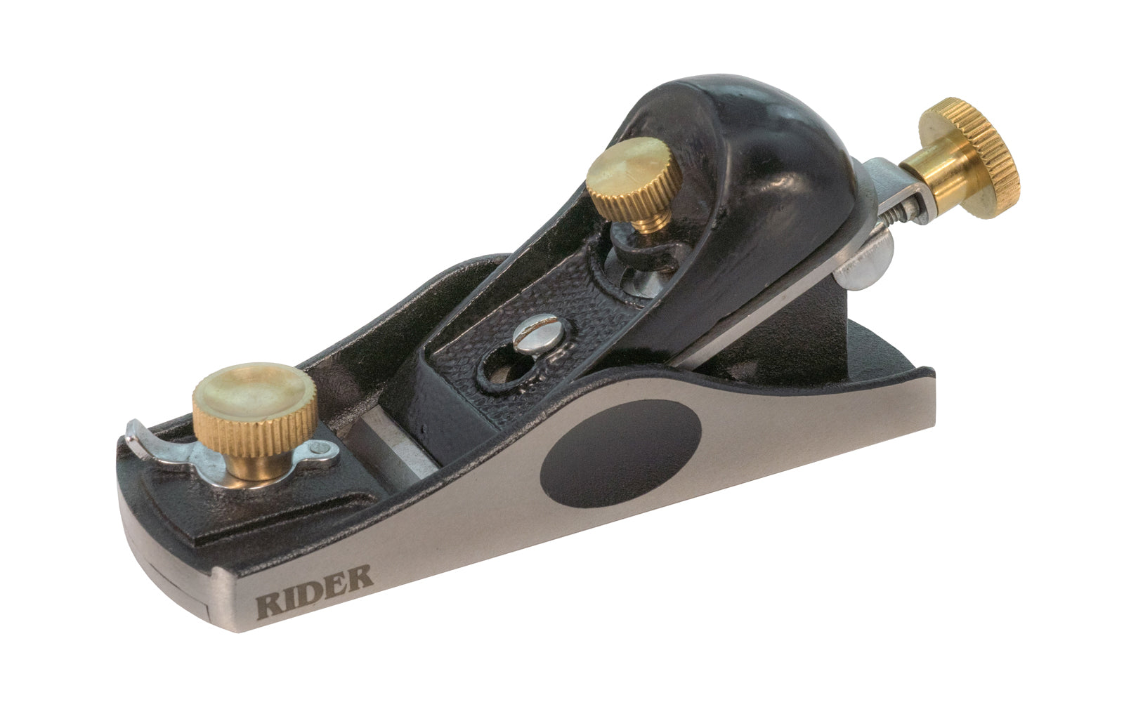 This Block Plane - No. 9-1/2 is good for general shaving. Mouth of the plane is adjustable for fine or coarse work. Cutter blade rests at a 21° angle, & provides more control, less vibration, & smooth finish. Thickness & evenness of the shavings can be changed by simply adjusting the cutter blade. Made by Rider / Soba