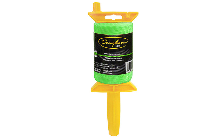 Stringliner Braided Mason Line - Fluorescent Green. Stringliner PRO Mason's Line Reloadable Reels are made of durable polyethylene, with a USA-made handle that allows you to quickly change rolls. Pro Reel fits all Stringliner rolls from 4" to 6" long. Available in 500' (1/2 lb) length roll. #18 nylon mason line