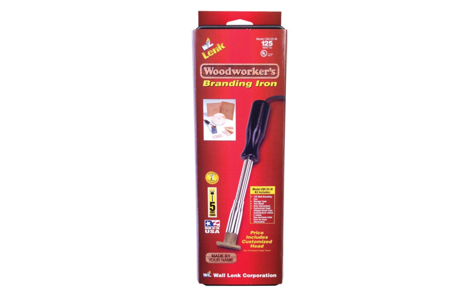 Wall Lenk Woodworker's 125W Branding Iron is a must have for all amateur & professional branders. This one-of-a-kind tool will add a personal message or logo to any masterpiece created. Works on wood, leathers, most plastic. Includes storage case with tool stand & instruction sheet. Model No. CM125-W. 048491101585