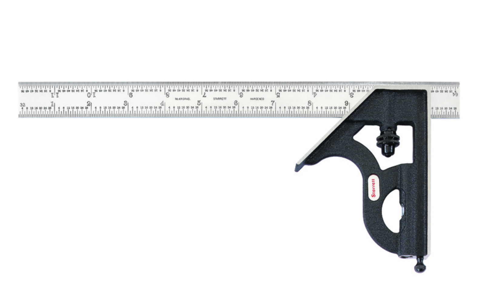 Starrett 12"  Satin Chrome Combination Square with Square Head features a reversible lock bolt, scriber, spirit level, and hardened steel, photo-engraved blade with  Satin Chrome finish. 4R Graduations. Starrett combo square. C11H-12-4R. EDP 56366. Made in USA. 049659563665