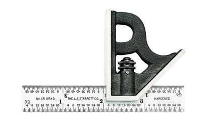 Starrett 4" Satin Square Combination Square with Square Head features a reversible lock bolt and hardened steel, photo-engraved blade with satin chrome finish. This product also includes a cast iron head with black wrinkle finish. 4", 4R Grad, Regular Blade. Starrett combo square.  EDP 56360. Made in USA.