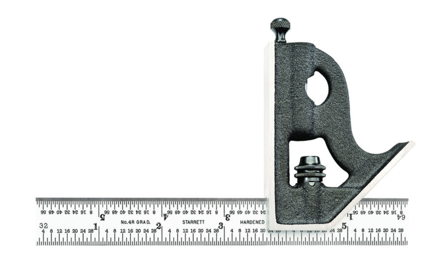 Starrett 6" Satin Chrome Combination Square with Square Head features a reversible lock bolt, scriber, spirit level, and hardened steel, photo-engraved blade with regular finish. 4R Graduations. Starrett combo square. C11H-6-4R. EDP 56362. Made in USA. 049659563627