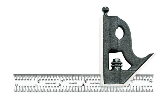 Starrett 6" Satin Chrome Combination Square with Square Head features a reversible lock bolt, scriber, spirit level, and hardened steel, photo-engraved blade with regular finish. 4R Graduations. Starrett combo square. C11H-6-4R. EDP 56362. Made in USA. 049659563627