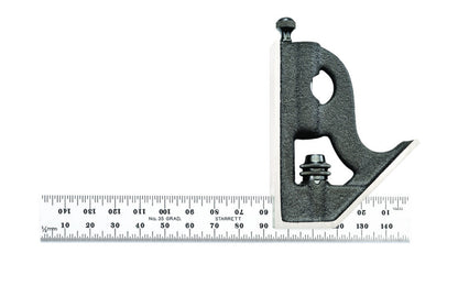 The Starrett 150mm Combination Square with Square Head includes a reversible lock bolt, scriber, spirit level (except 4"), and hardened steel, photo-engraved blade with satin chrome finish. The combination square includes a cast iron head with black wrinkle finish. 150mm, Satin Chrome Blade. Starrett metric combo square. Made in USA. Starrett Model No. C11MH-150