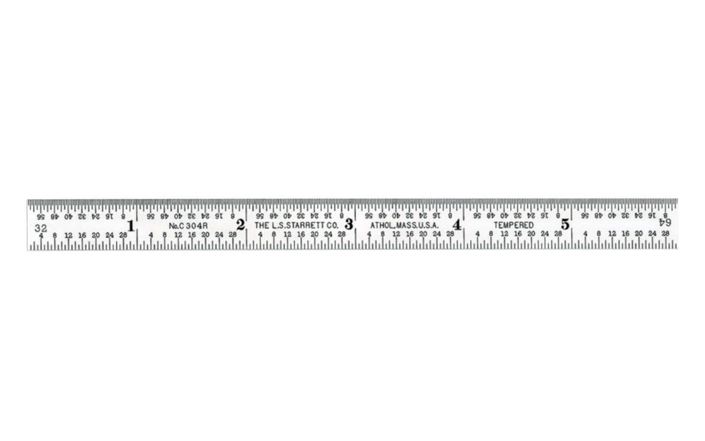 Starrett 6" Narrow Flexible Rule - 1/8", 1/16", 1/32", 1/64" Grads. Satin Chrome Finish.  Made in USA. Model No. C304R-6.   