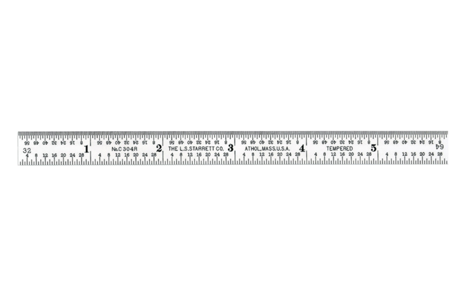 Starrett 6" Narrow Flexible Rule - 1/8", 1/16", 1/32", 1/64" Grads. Satin Chrome Finish.  Made in USA. Model No. C304R-6.   