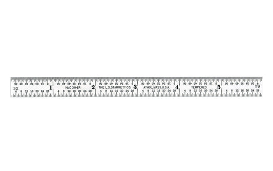 Starrett 6" Narrow Flexible Rule - 1/8", 1/16", 1/32", 1/64" Grads. Satin Chrome Finish.  Made in USA. Model No. C304R-6.   