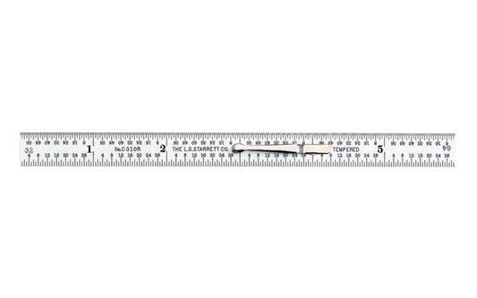Starrett 6" Pocket Clip Rule - 1/32", 1/64", 4R Grads. Starrett Steel Rule with Inch Graduation is furnished with Starrett satin chrome finish. 6" full-flexible steel ruler. 1/32", 1/64", 4R Grads. Pocket clip attached. Model C310K-6.  Made in USA.