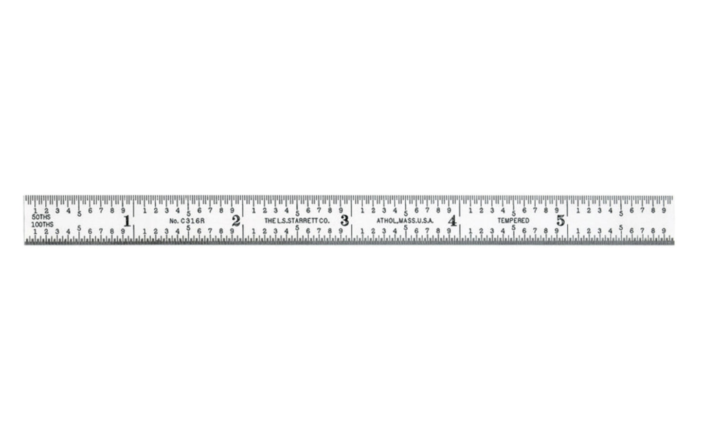 Starrett 6" Narrow Flexible Rule - 1/32", 1/64", 1/50", 1/100" Grads. Satin Chrome Finish. 3/16" thin rule.  Made in USA. Model C316R-6