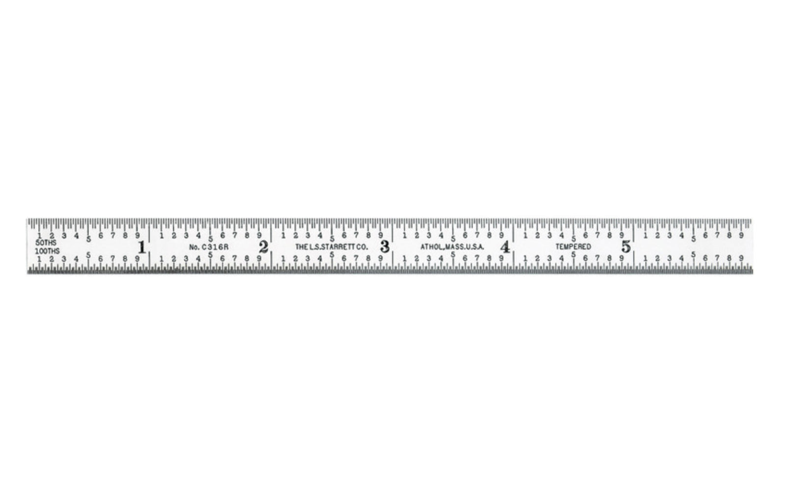 Starrett 6" Narrow Flexible Rule - 1/32", 1/64", 1/50", 1/100" Grads. Satin Chrome Finish. 3/16" thin rule.  Made in USA. Model C316R-6