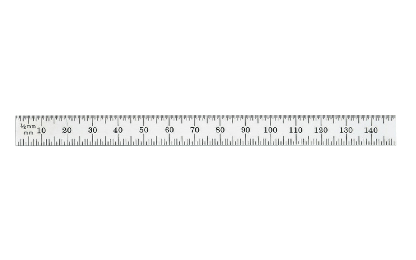 Starrett 6" Narrow Metric Rule - 1.0 mm, 0.5 mm Grads. The Starrett 150mm Full-Flexible Steel Rule with Millimeter Graduation features a satin chrome finish. Graduations at 1/2mm one side; mm and 1/2mm on reverse. 150mm (6"). Flexible.  Made in USA.