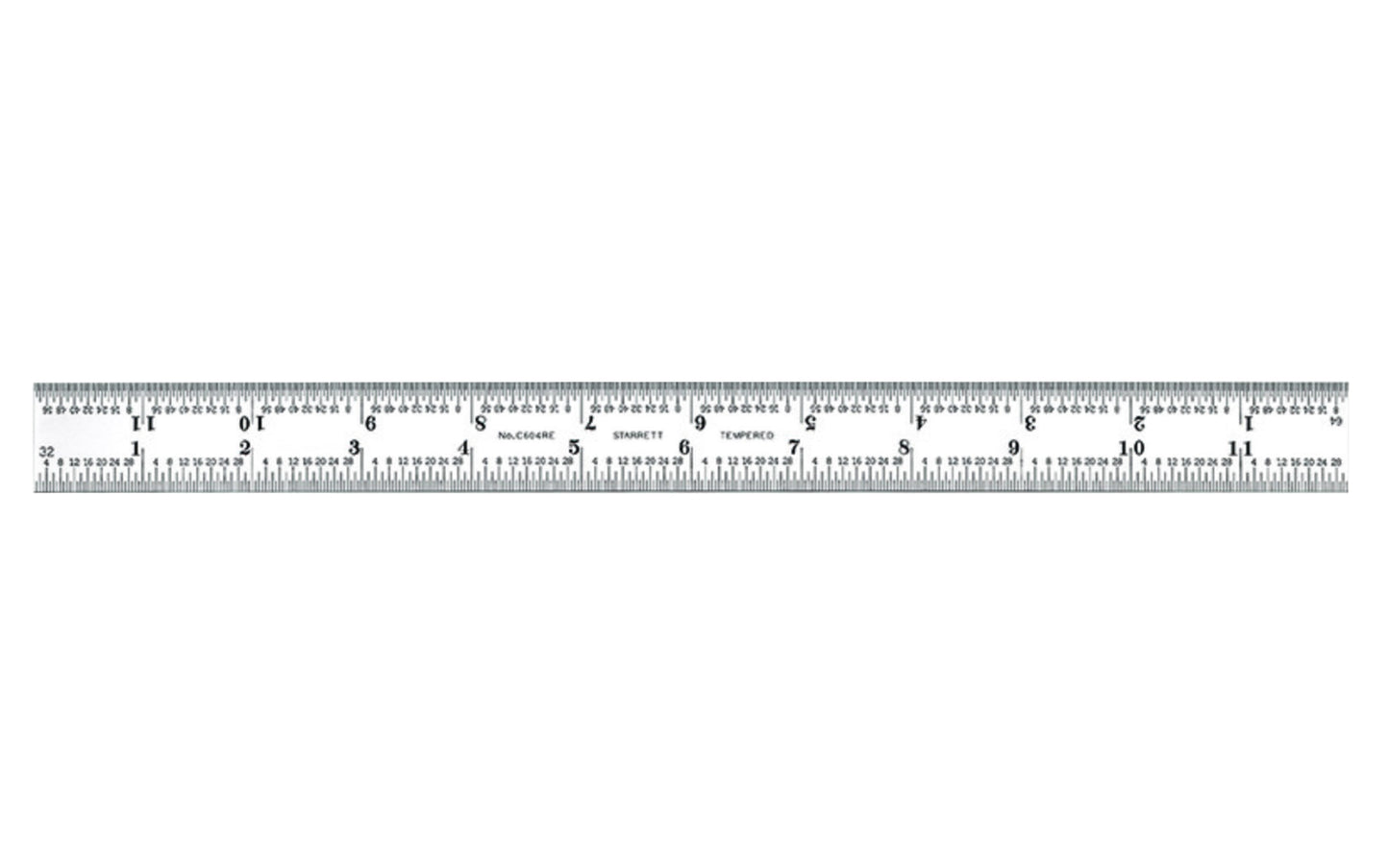 The Starrett 12" End Read Rule - 1/8, 1/16", 1/32", 1/64" Grads. Features a satin chrome finish. Includes end graduations.  Made in USA. Model C604RE-12. EDP 52661.