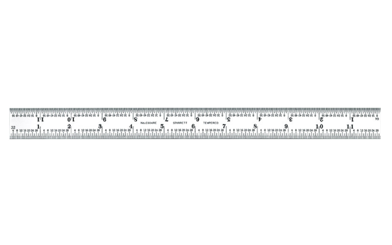 The Starrett 12" End Read Rule - 1/8, 1/16", 1/32", 1/64" Grads. Features a satin chrome finish. Includes end graduations.  Made in USA. Model C604RE-12. EDP 52661.