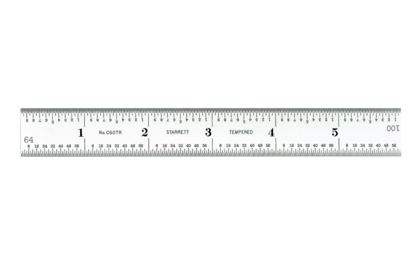 Starrett 6" Rule - 1/16", 1/32", 1/64", 1/100" Grads. Starrett 6" (150mm) Spring-Tempered Steel Rule with Millimeter and Inch Graduation features a satin chrome finish. Graduations at 32nds and 1/2mm on one side; 64ths and mm on reverse.   Made in USA.