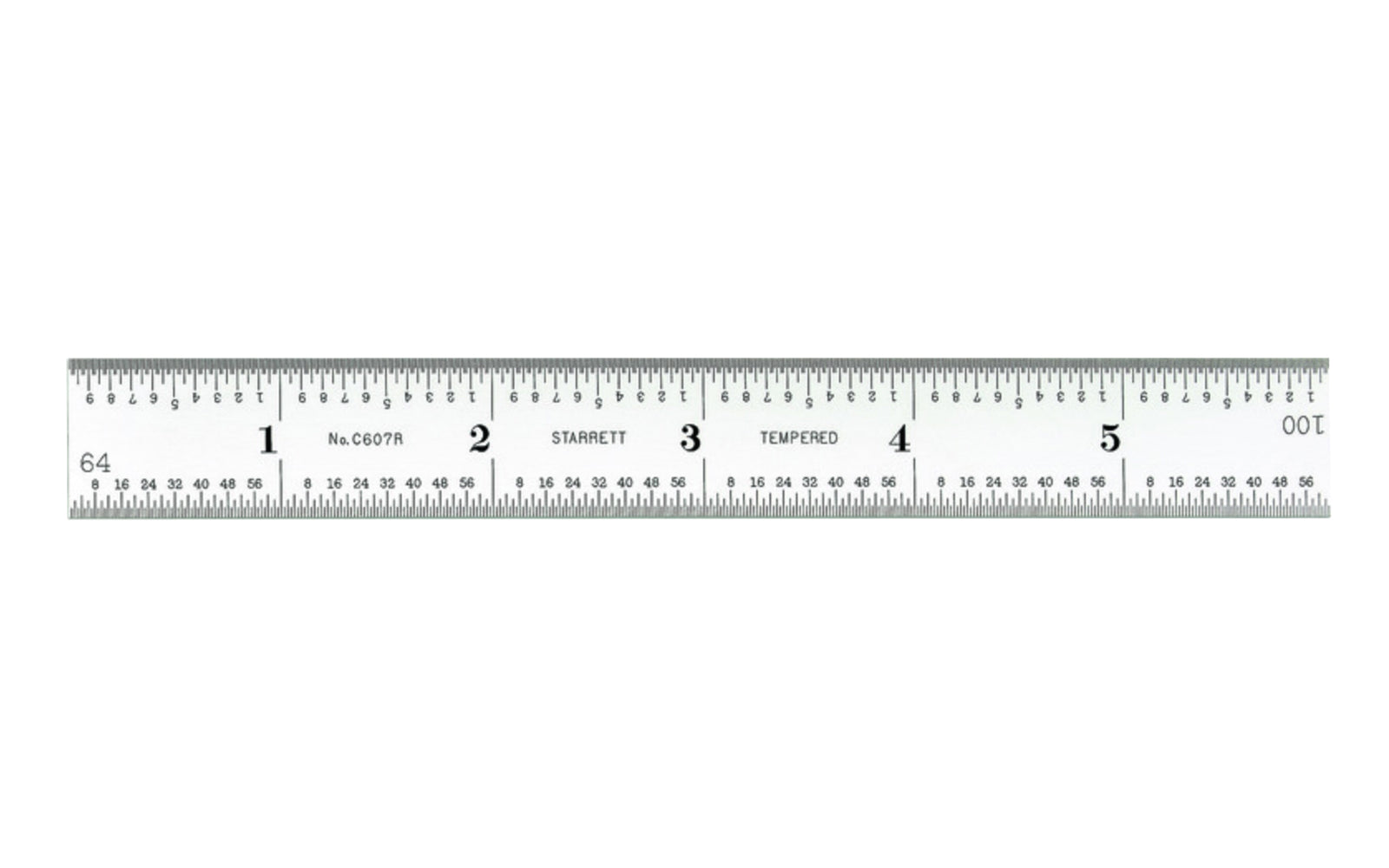 Starrett 6" Rule - 1/16", 1/32", 1/64", 1/100" Grads. Starrett 6" (150mm) Spring-Tempered Steel Rule with Millimeter and Inch Graduation features a satin chrome finish. Graduations at 32nds and 1/2mm on one side; 64ths and mm on reverse.   Made in USA.