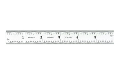 Starrett 6" Rule - 1/16", 1/32", 1/64", 1/100" Grads. Starrett 6" (150mm) Spring-Tempered Steel Rule with Millimeter and Inch Graduation features a satin chrome finish. Graduations at 32nds and 1/2mm on one side; 64ths and mm on reverse.   Made in USA.