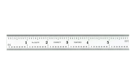 Starrett 6" Rule - 1/16", 1/32", 1/64", 1/100" Grads. Starrett 6" (150mm) Spring-Tempered Steel Rule with Millimeter and Inch Graduation features a satin chrome finish. Graduations at 32nds and 1/2mm on one side; 64ths and mm on reverse.   Made in USA.