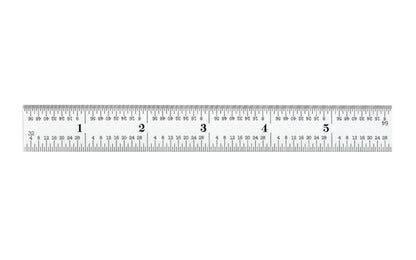 Starrett 6" Spring-Tempered Steel Rule with Inch Graduation features a satin chrome finish. Graduations at quick-reading 32nds, 64ths, aircraft quick-reading 1/50", 1/100", 1/32", 1/64", 16R Grads. Model C616R-6.   Made in USA.
