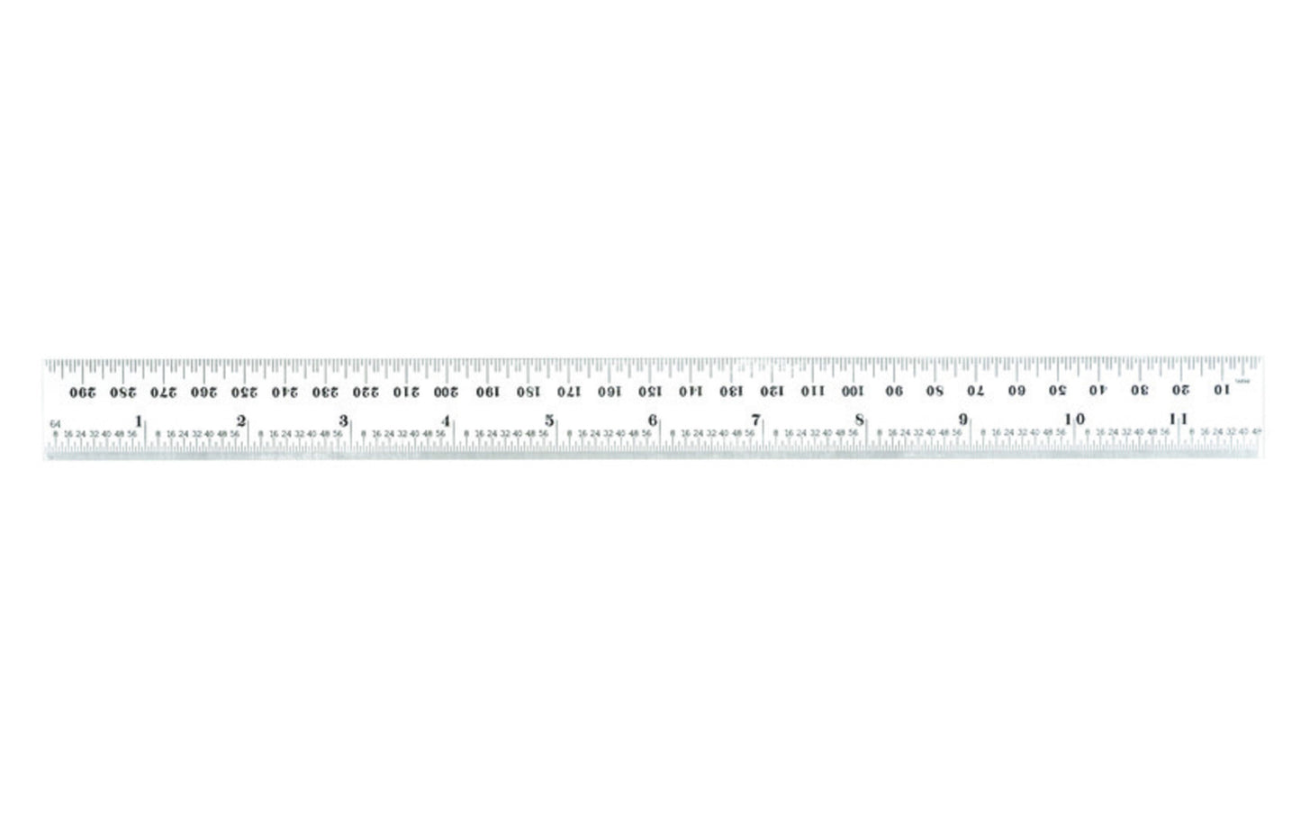 Starrett 12" Metric & Inch Rule - 1.0 MM, 0.5 MM / 1/32", 1/64" Grads. Features a satin chrome finish.  Made in USA. Model No. C636-300. 049659526356