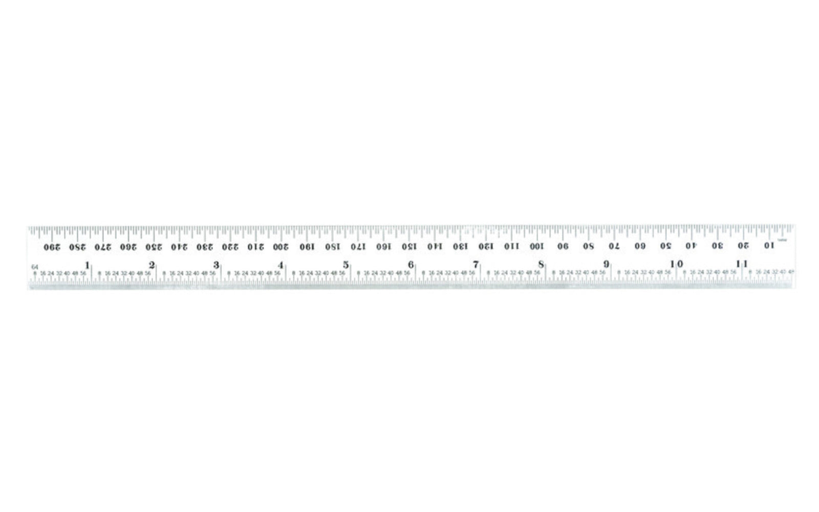 Starrett 12" Metric & Inch Rule - 1.0 MM, 0.5 MM / 1/32", 1/64" Grads. Features a satin chrome finish.  Made in USA. Model No. C636-300. 049659526356