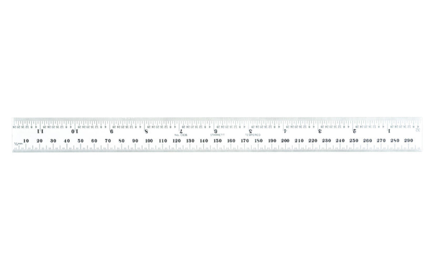 Starrett 12" Metric & Inch Rule - 1.0 MM, 0.5 MM / 1/32", 1/64" Grads. Features a satin chrome finish.  Made in USA. Model No. C636-300. 049659526356