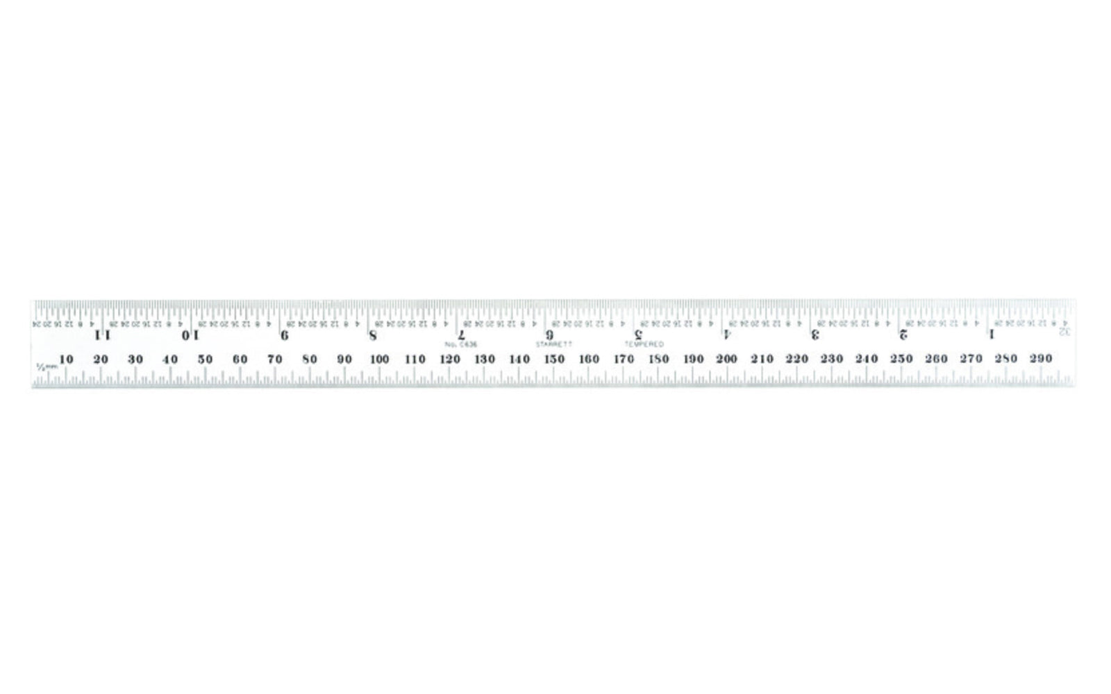 Starrett 12" Metric & Inch Rule - 1.0 MM, 0.5 MM / 1/32", 1/64" Grads. Features a satin chrome finish.  Made in USA. Model No. C636-300. 049659526356