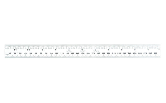 Starrett 12" Metric & Inch Rule - 1.0 MM, 0.5 MM / 1/32", 1/64" Grads. Features a satin chrome finish.  Made in USA. Model No. C636-300. 049659526356