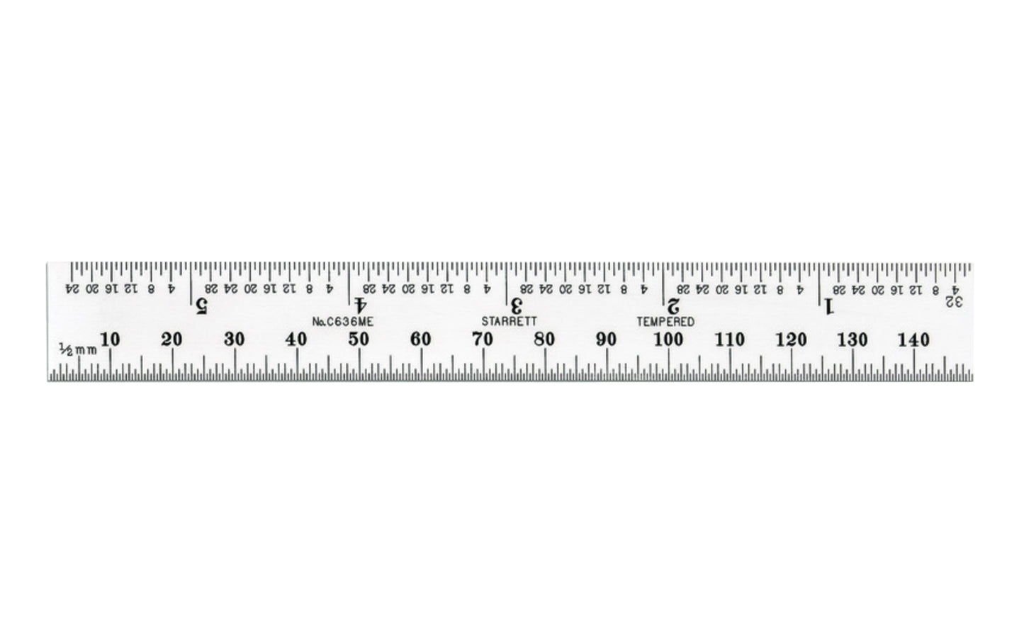The Starrett 6" (150mm) Spring-Tempered Steel Rule with Millimeter and Inch Graduation features a satin chrome finish. Graduations at 32nds and 1/2mm on one side; 64ths and mm on reverse. Made in USA.