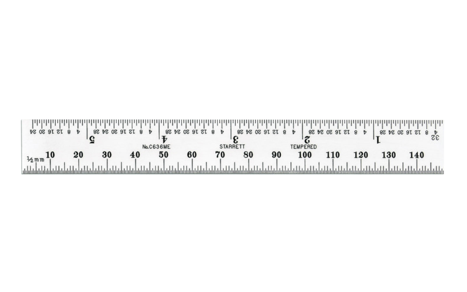 The Starrett 6" (150mm) Spring-Tempered Steel Rule with Millimeter and Inch Graduation features a satin chrome finish. Graduations at 32nds and 1/2mm on one side; 64ths and mm on reverse. Made in USA.
