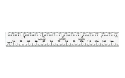 The Starrett 6" (150mm) Spring-Tempered Steel Rule with Millimeter and Inch Graduation features a satin chrome finish. Graduations at 32nds and 1/2mm on one side; 64ths and mm on reverse. Made in USA.