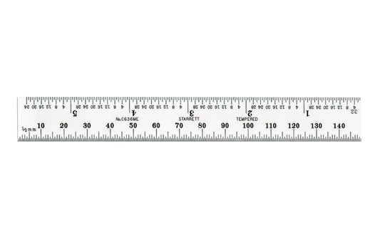 The Starrett 6" (150mm) Spring-Tempered Steel Rule with Millimeter and Inch Graduation features a satin chrome finish. Graduations at 32nds and 1/2mm on one side; 64ths and mm on reverse. Made in USA.