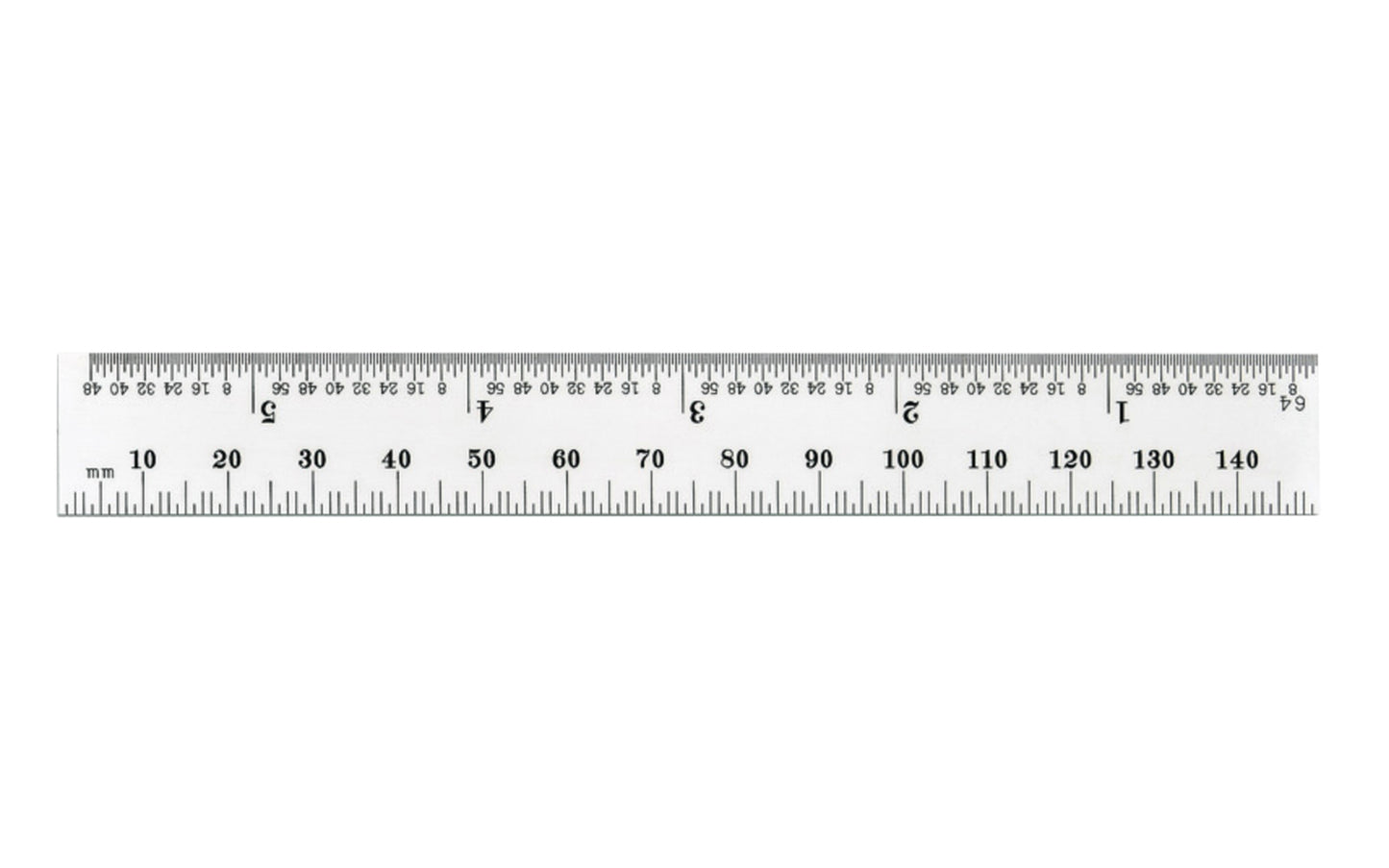 The Starrett 6" (150mm) Spring-Tempered Steel Rule with Millimeter and Inch Graduation features a satin chrome finish. Graduations at 32nds and 1/2mm on one side; 64ths and mm on reverse. Made in USA.