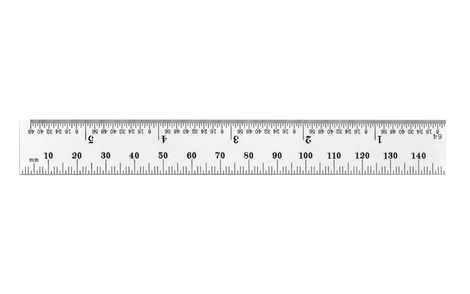 The Starrett 6" (150mm) Spring-Tempered Steel Rule with Millimeter and Inch Graduation features a satin chrome finish. Graduations at 32nds and 1/2mm on one side; 64ths and mm on reverse. Made in USA.