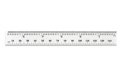 The Starrett 6" (150mm) Spring-Tempered Steel Rule with Millimeter and Inch Graduation features a satin chrome finish. Graduations at 32nds and 1/2mm on one side; 64ths and mm on reverse. Made in USA.