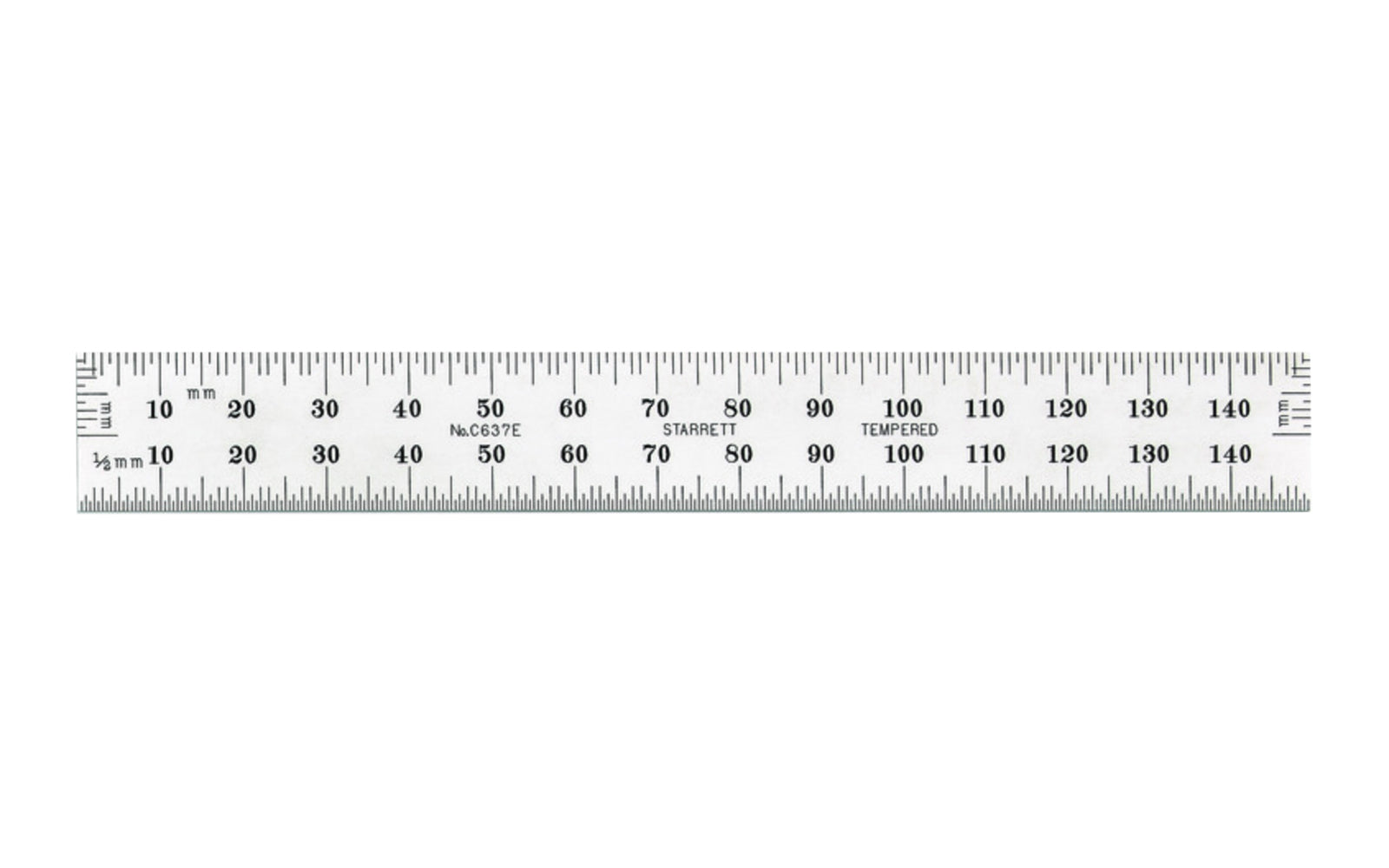 Starrett 6" End Read Rule - 1.0 mm, 0.5 mm Grads. 150mm Full-Flexible Steel Rule with Millimeter Graduation features a satin chrome finish. Graduations at mm and 1/2mm on both sides; mm on both ends on one side. Includes end graduations. 150mm, No. 37 Grad, End Graduations graduations.  Made in USA. Model C637E-150.