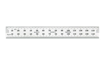 Starrett 6" End Read Rule - 1.0 mm, 0.5 mm Grads. 150mm Full-Flexible Steel Rule with Millimeter Graduation features a satin chrome finish. Graduations at mm and 1/2mm on both sides; mm on both ends on one side. Includes end graduations. 150mm, No. 37 Grad, End Graduations graduations.  Made in USA. Model C637E-150.