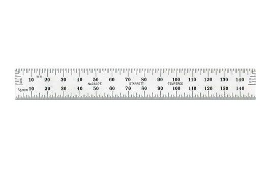 Starrett 6" End Read Rule - 1.0 mm, 0.5 mm Grads. 150mm Full-Flexible Steel Rule with Millimeter Graduation features a satin chrome finish. Graduations at mm and 1/2mm on both sides; mm on both ends on one side. Includes end graduations. 150mm, No. 37 Grad, End Graduations graduations.  Made in USA. Model C637E-150.