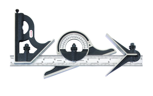 Starrett 12" Combination Square Set - C9-12-4R. 12" Combination Set with Square, Center and Non-Reversible Protractor Head and Blade includes a reversible lock bolt, scriber, spirit level in both square head and protractor head, direct reading double 180 Deg protractor scale, and hardened steel, photo-engraved blade. Satin chrome blade and protractor head. 12", 4R Grad, Satin Chrome Blade.   Made in USA.