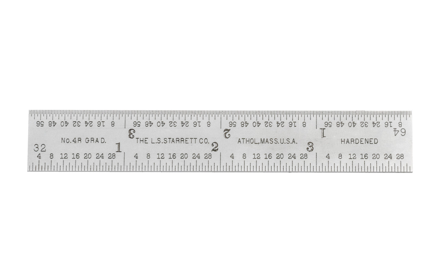 Starrett 4" Blade for Combo Square - 1/8", 1/16", 1/32", 1/64" Grads. Blade only.  Made in USA. Satin chrome finish blade.