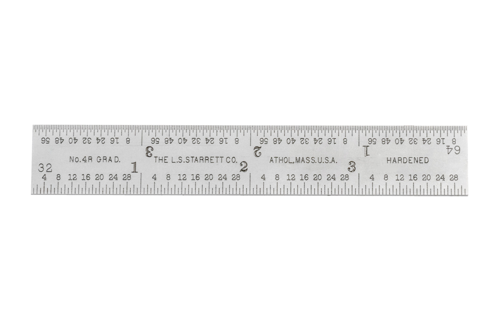 Starrett 4" Blade for Combo Square - 1/8", 1/16", 1/32", 1/64" Grads. Blade only.  Made in USA. Satin chrome finish blade.