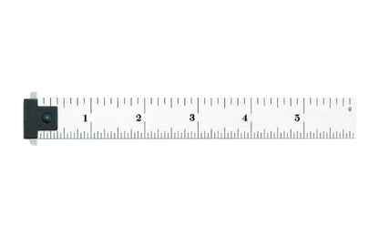 The Starrett 6" Hook Rule - 1/8", 1/16", 1/32", 1/64" Grads. Starrett 6" Spring-Tempered Steel Rule with Inch Graduation features a satin chrome finish. Graduations at 8ths, 16ths, quick-reading 32nds, 64ths. 6", 4R Grad, Adjustable Double Hook 64ths.  Made in USA.