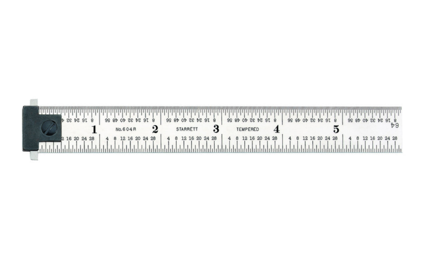 The Starrett 6" Hook Rule - 1/8", 1/16", 1/32", 1/64" Grads. Starrett 6" Spring-Tempered Steel Rule with Inch Graduation features a satin chrome finish. Graduations at 8ths, 16ths, quick-reading 32nds, 64ths. 6", 4R Grad, Adjustable Double Hook 64ths.  Made in USA.