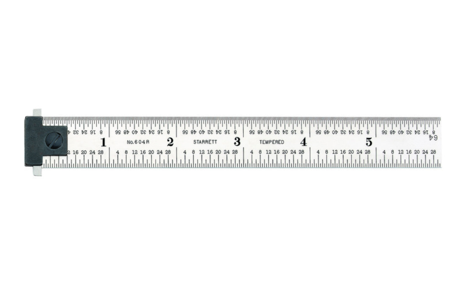 The Starrett 6" Hook Rule - 1/8", 1/16", 1/32", 1/64" Grads. Starrett 6" Spring-Tempered Steel Rule with Inch Graduation features a satin chrome finish. Graduations at 8ths, 16ths, quick-reading 32nds, 64ths. 6", 4R Grad, Adjustable Double Hook 64ths.  Made in USA.